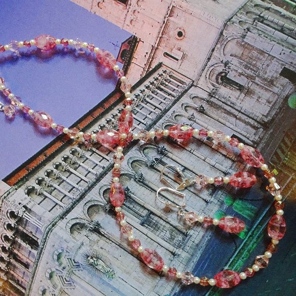 Hand-crafted necklace & earring set with rose pink Czech beads & silver findings - Picture 1 of 7